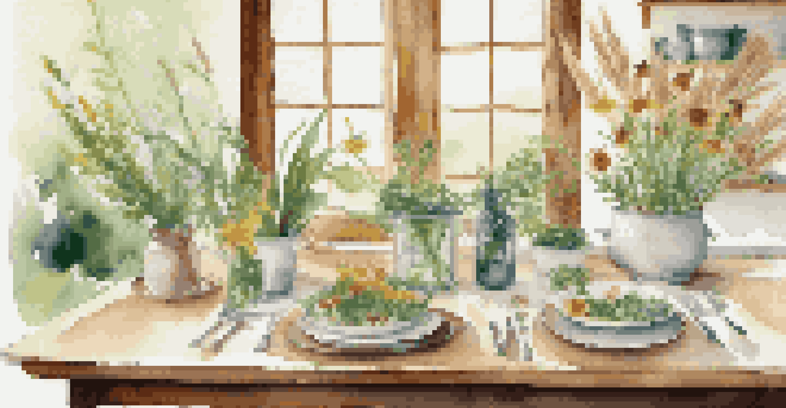 An elegantly set dining table featuring bamboo tableware, glass vases with wildflowers, and natural fiber placemats, with sunlight streaming through a kitchen window.