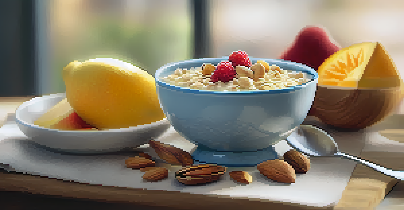 A close-up of a nutritious bowl of oatmeal with fruits and nuts, ideal for pre-training fuel.