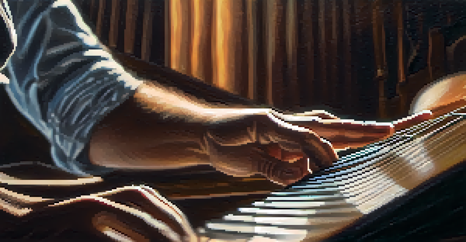 A musician's hands delicately playing a guitar, highlighted by sunlight, with music sheets softly blurred in the background, capturing the essence of music creation.