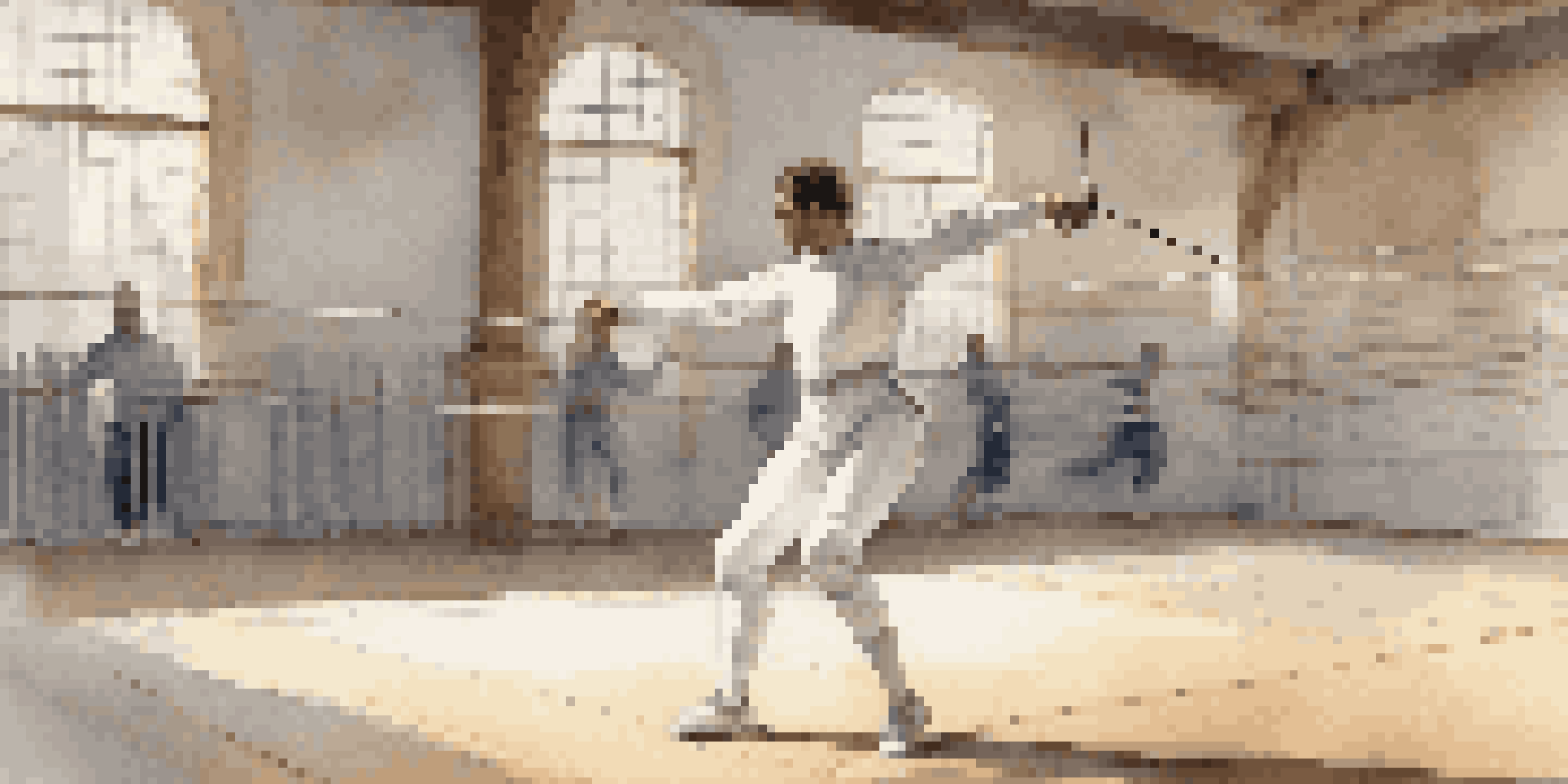 A fencer performing dynamic stretches in a gym, preparing for a match with focused expression and traditional fencing attire.