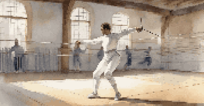 A fencer performing dynamic stretches in a gym, preparing for a match with focused expression and traditional fencing attire.