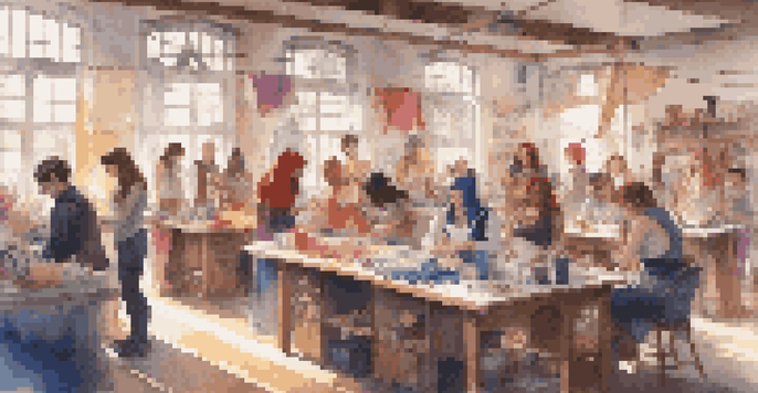 A lively cosplay workshop with diverse participants crafting costumes, surrounded by colorful materials and sewing tools under warm sunlight.