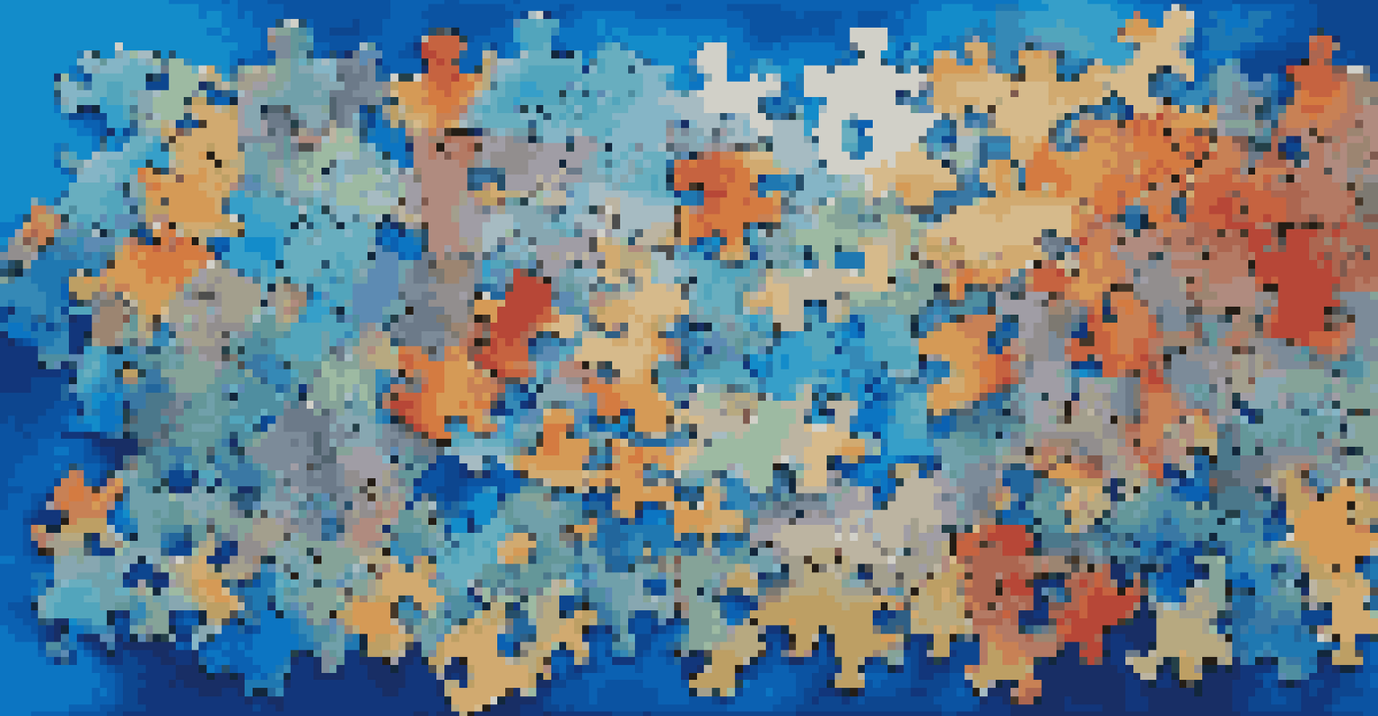 A partially completed jigsaw puzzle with colorful pieces on a blue background, showcasing various shapes.