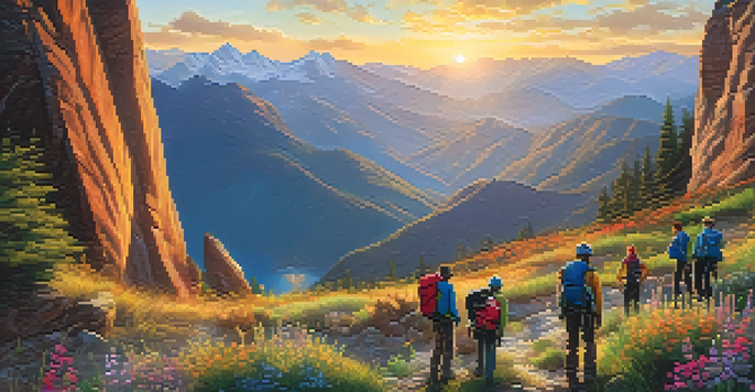 A group of climbers preparing for a rock climbing expedition in a colorful mountain landscape at sunrise.