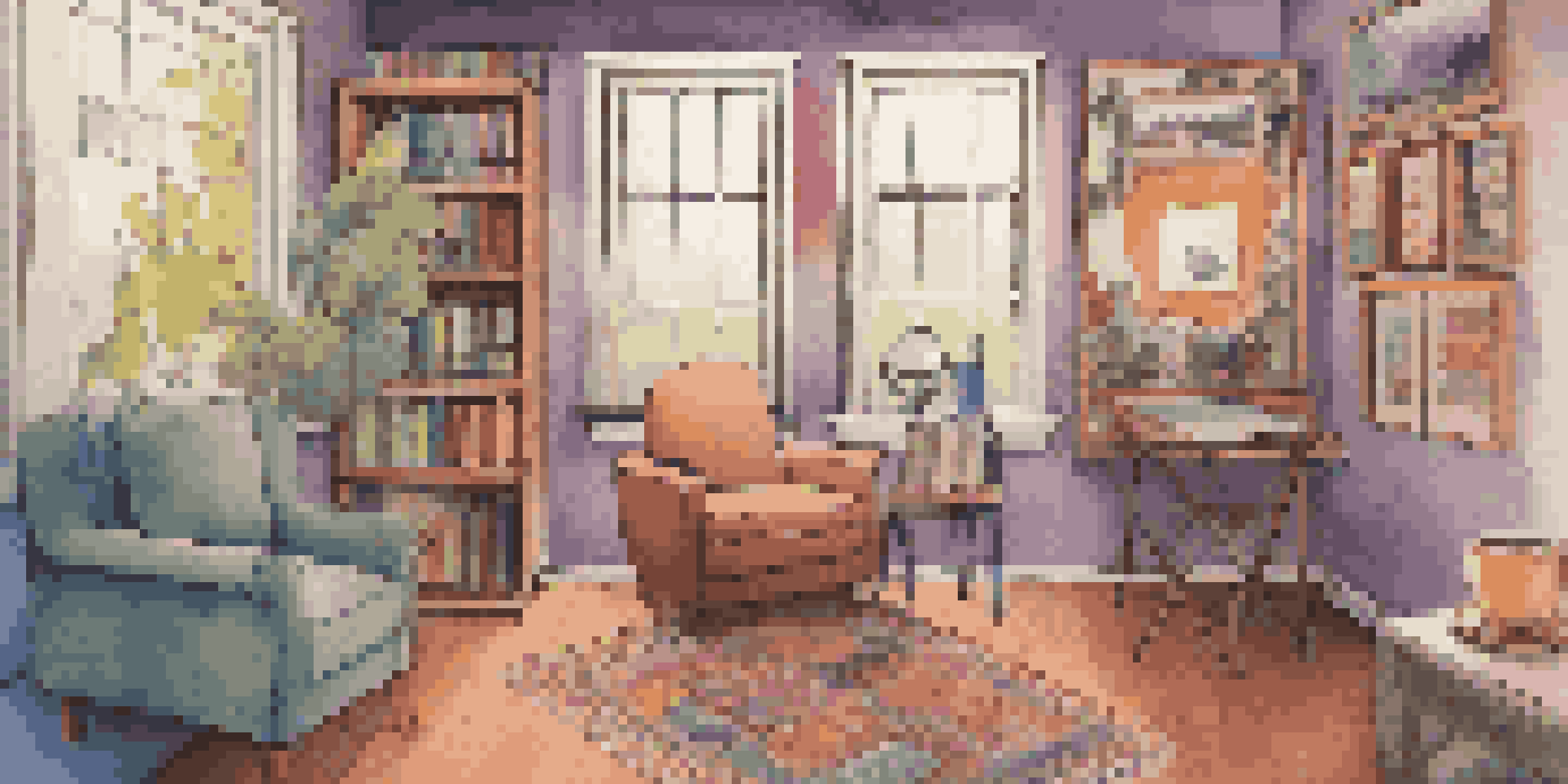 A warm and inviting podcast studio featuring a central microphone, soft lighting, and a comfortable chair with a steaming mug, surrounded by mental health books and colorful artwork.