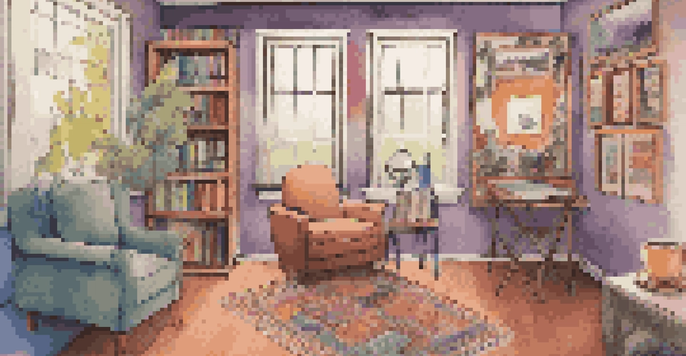 A warm and inviting podcast studio featuring a central microphone, soft lighting, and a comfortable chair with a steaming mug, surrounded by mental health books and colorful artwork.