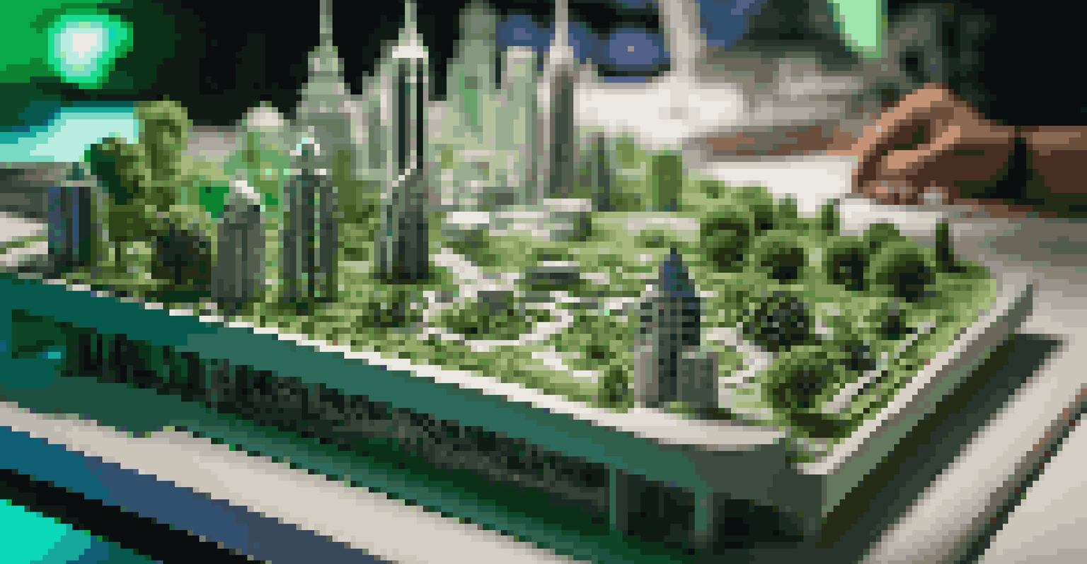 A close-up view of a 3D-printed scale model of a futuristic city, showcasing intricate details and a modern workspace in the background.