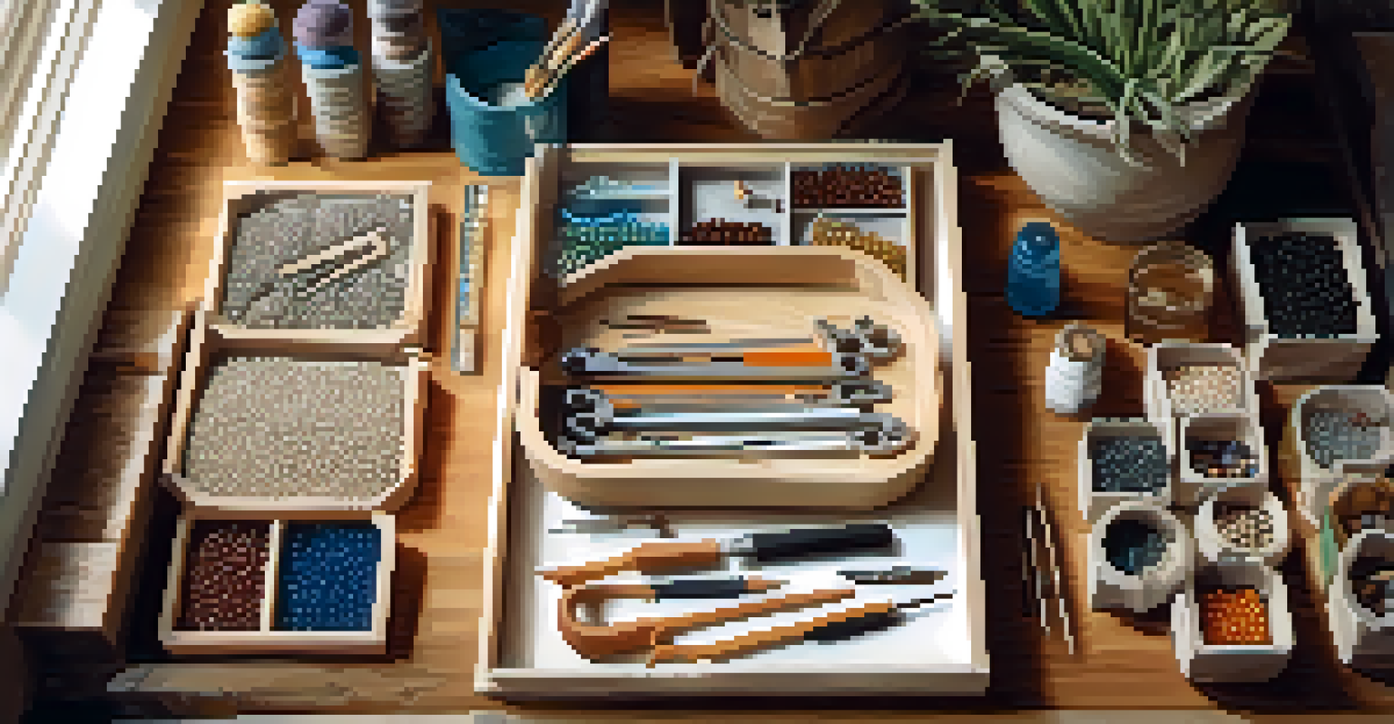 An overhead view of a crafting workspace with a bead mat, various beads, and tools arranged neatly.