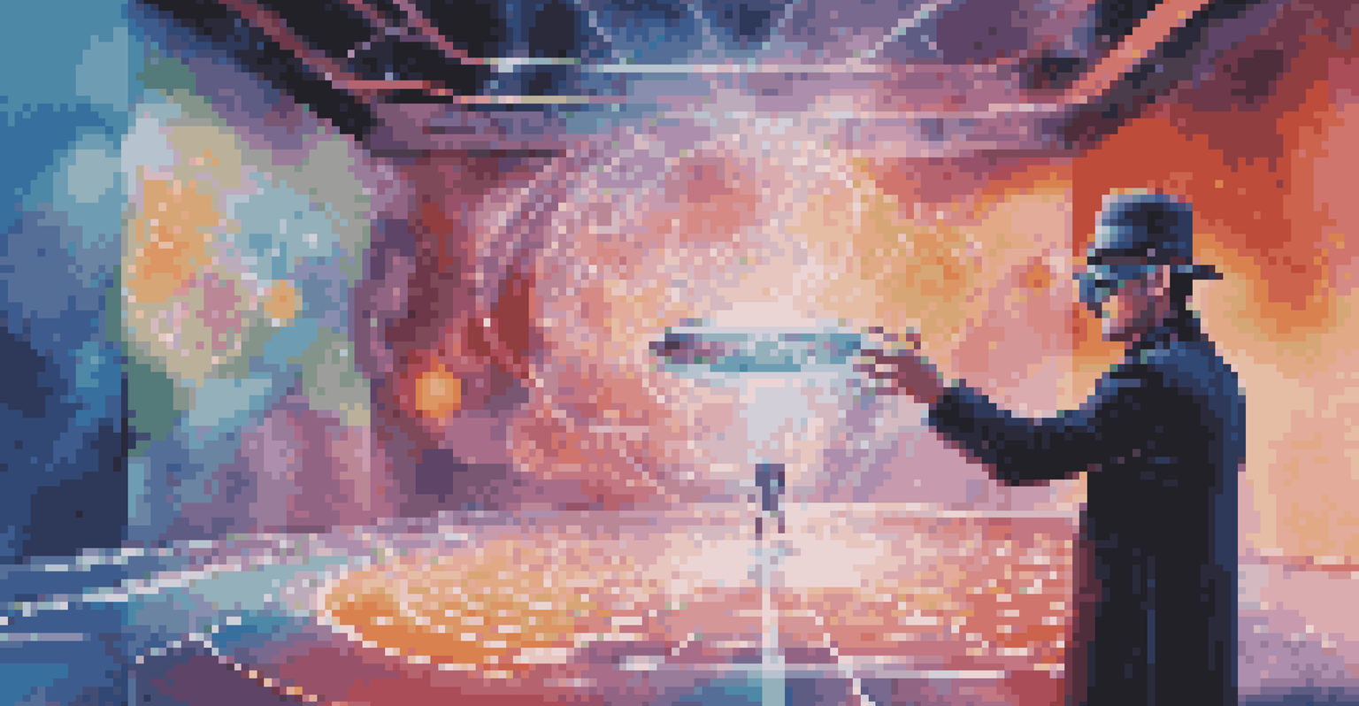 A magician wearing augmented reality glasses, surrounded by colorful holographic illusions in a modern setting.