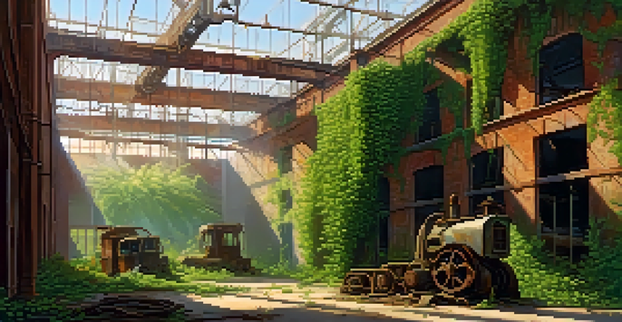 An abandoned factory with ivy covering rusted machinery, sunlight streaming through broken windows, and green plants contrasting with the decaying structure.