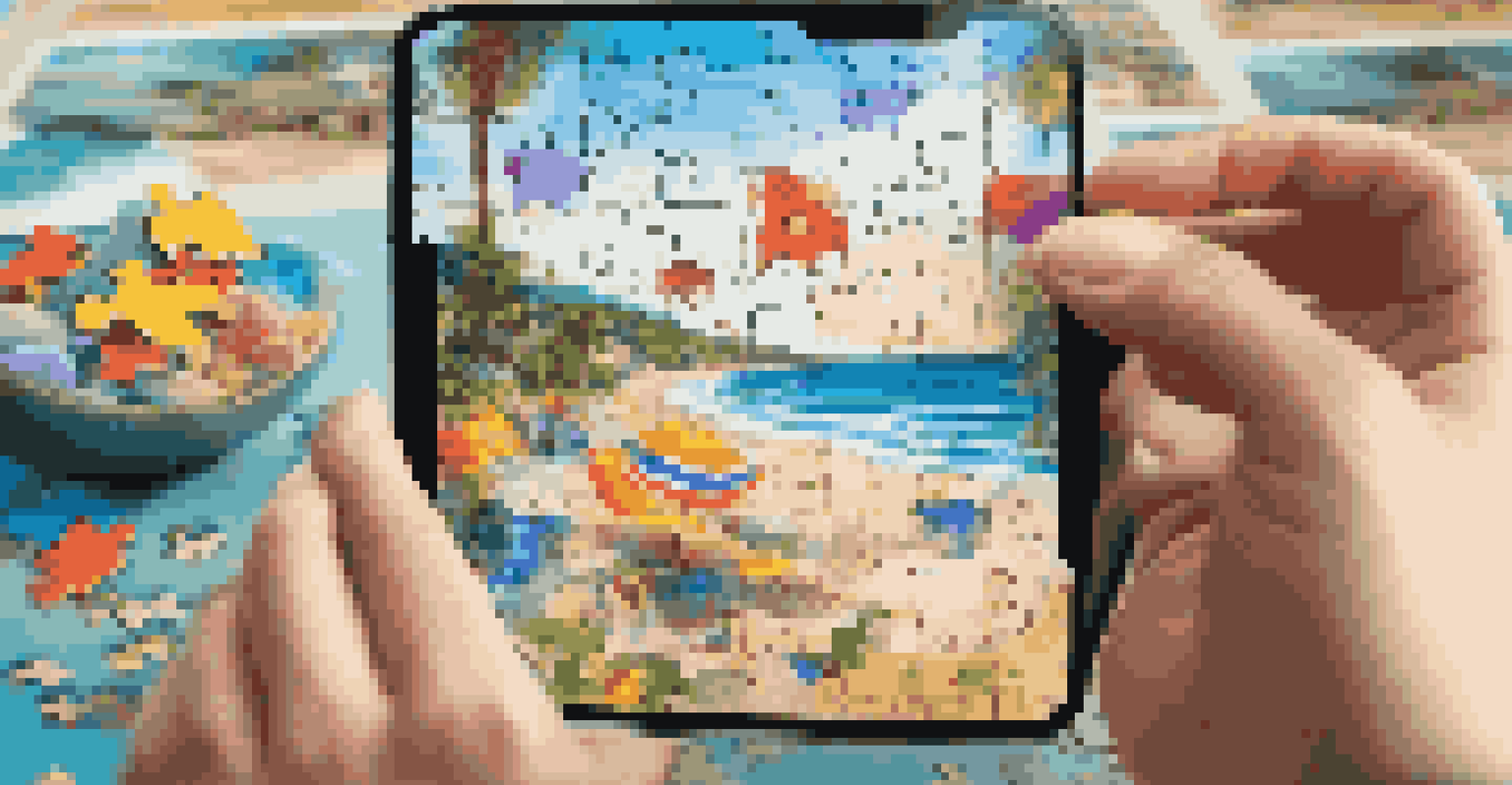 A person using a smartphone to view augmented reality effects on a completed jigsaw puzzle of a beach scene.