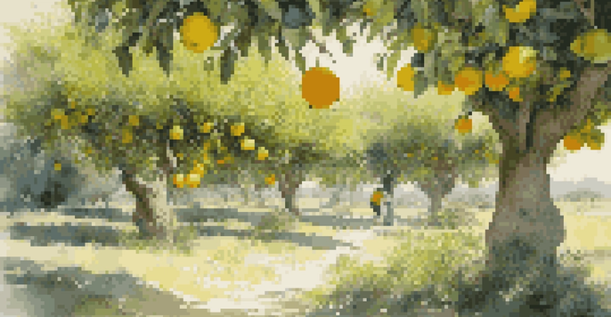 A sunlit grove with various wild citrus trees, a person picking ripe fruit, and vibrant colors of green and yellow.