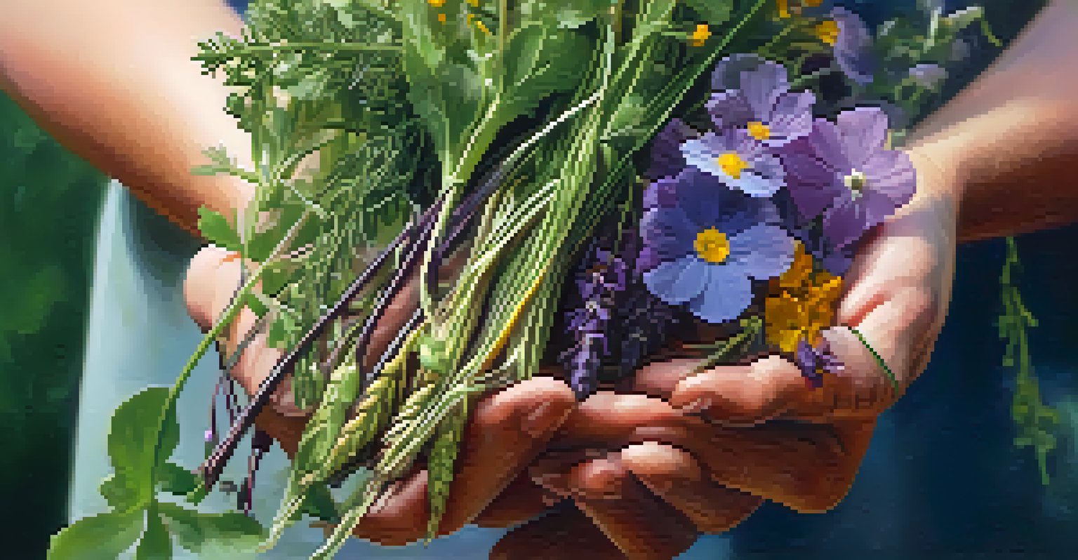 A close-up of hands holding fresh wild herbs and edible flowers, displaying a variety of colors and textures.