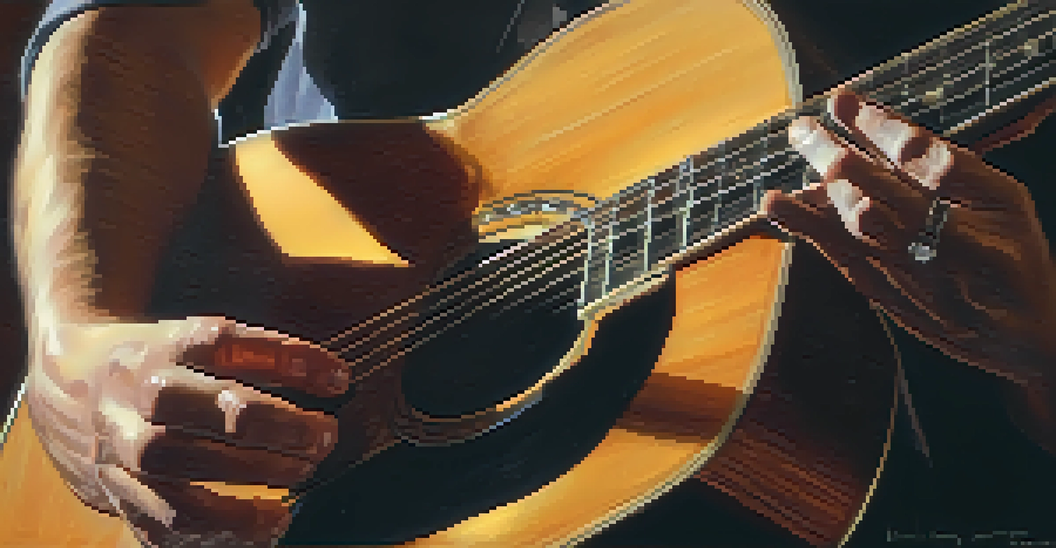 A close-up of a musician playing a guitar, showing hands and a metronome in the background.