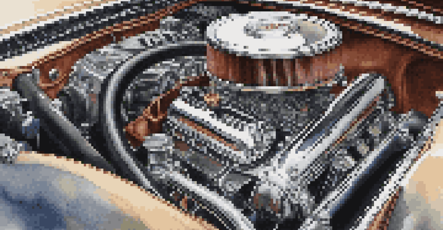 A close-up of a classic car engine undergoing restoration, showcasing original parts and modern upgrades.