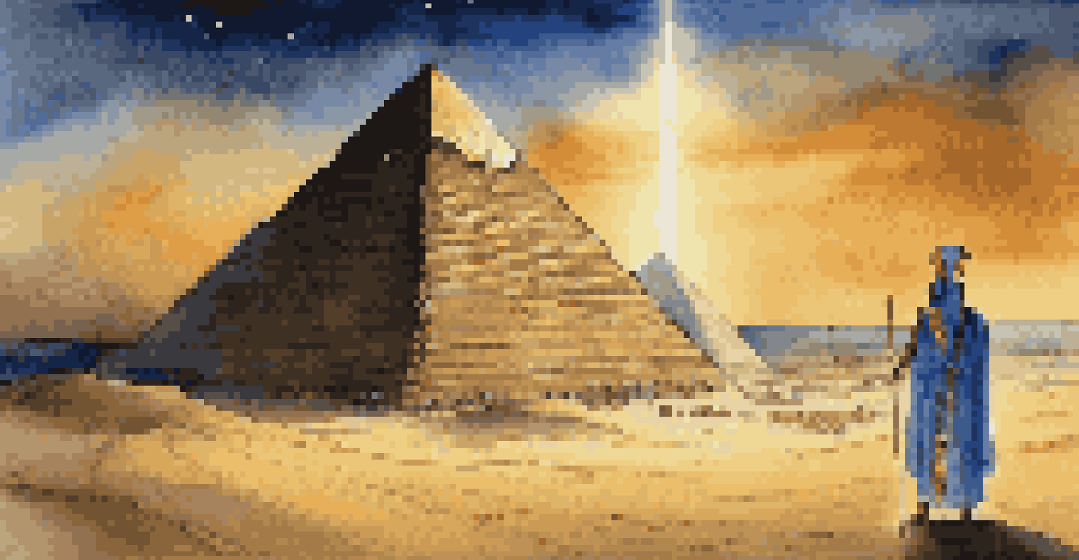 An ancient Egyptian pharaoh in front of a pyramid at twilight, symbolizing the connection between the physical and spiritual realms.