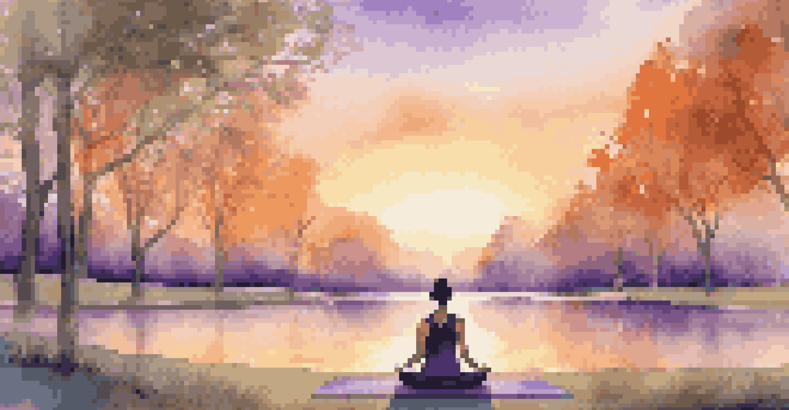 A person practicing yoga in a tranquil park during sunset, surrounded by nature.