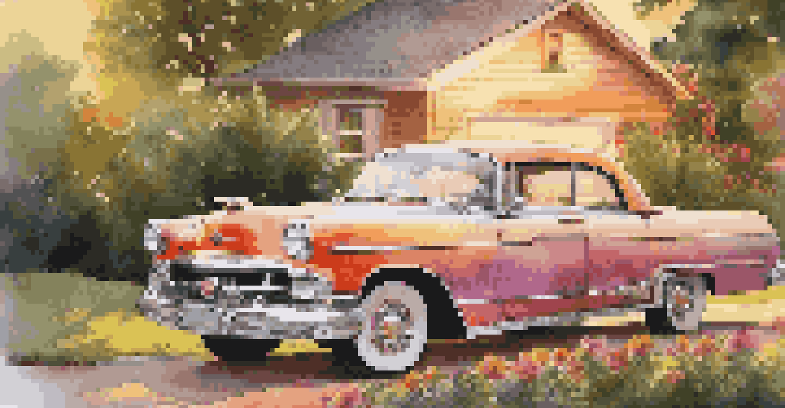 Restored vintage car parked in a driveway with a shiny paint job, surrounded by greenery.