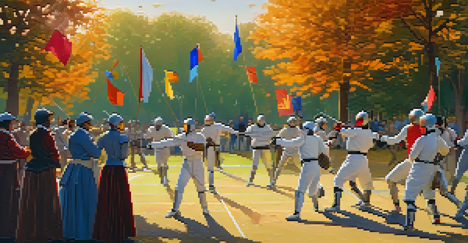 An outdoor fencing tournament in a park with fencers in gear and cheering spectators.