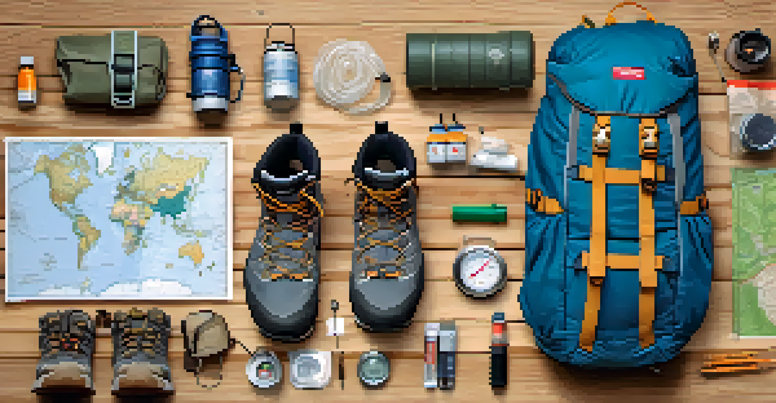 A close-up view of hiking gear including boots, a first-aid kit, a multi-tool, and a map on a wooden surface.