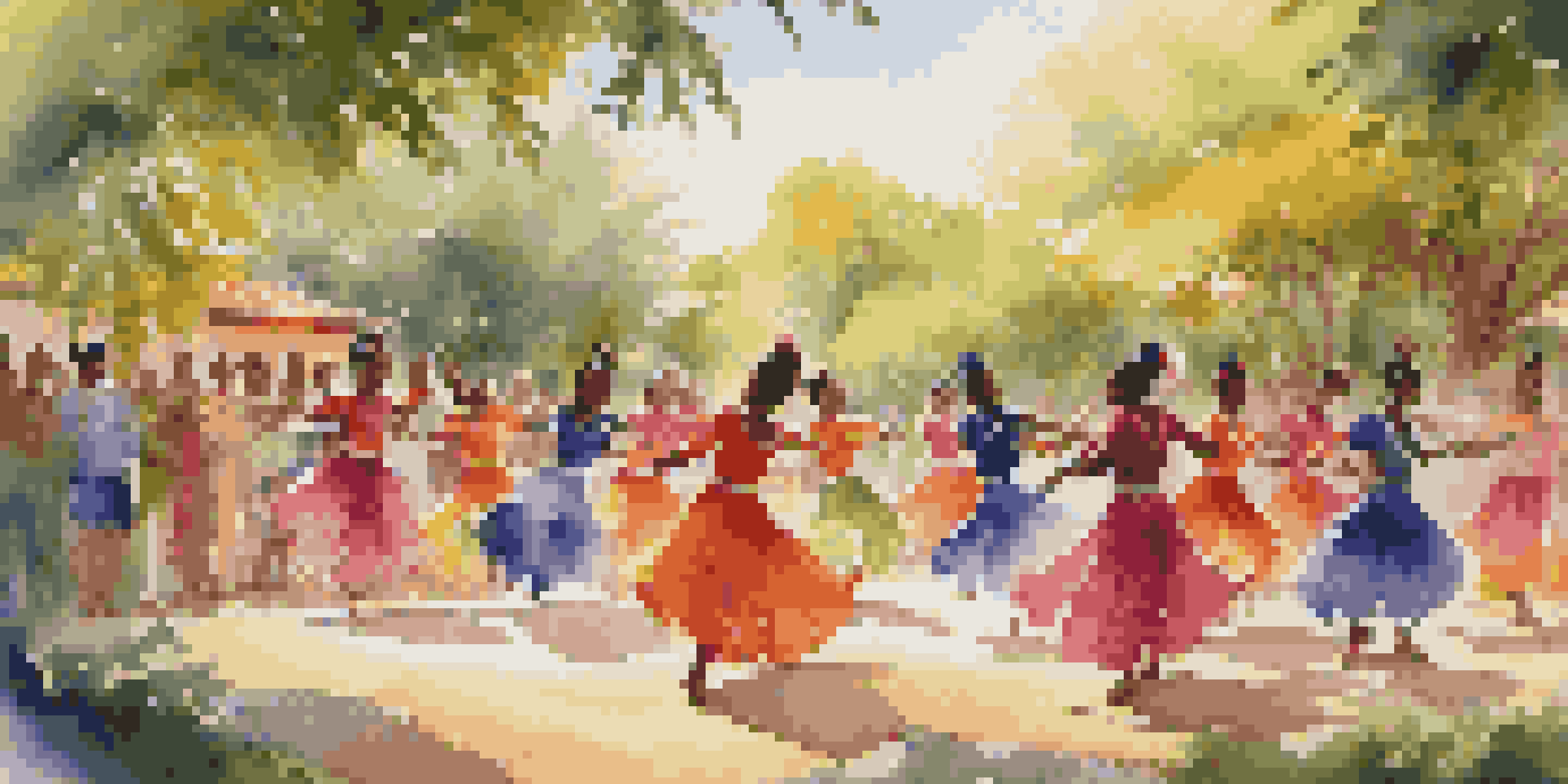 A group of dancers in colorful costumes performing a traditional dance outdoors, surrounded by greenery and festive decorations, with sunlight filtering through the leaves.