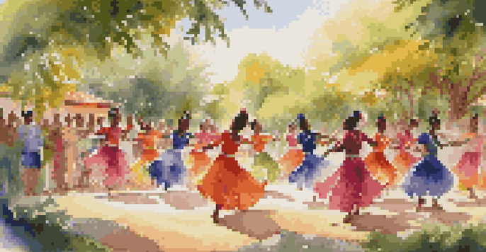 A group of dancers in colorful costumes performing a traditional dance outdoors, surrounded by greenery and festive decorations, with sunlight filtering through the leaves.