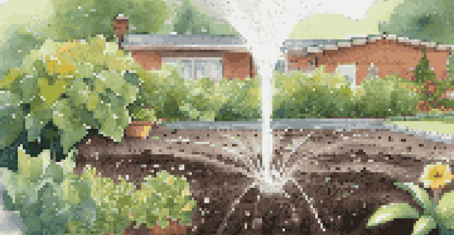 A close-up of a smart irrigation system watering plants in a vibrant garden, highlighting eco-friendly gardening techniques.