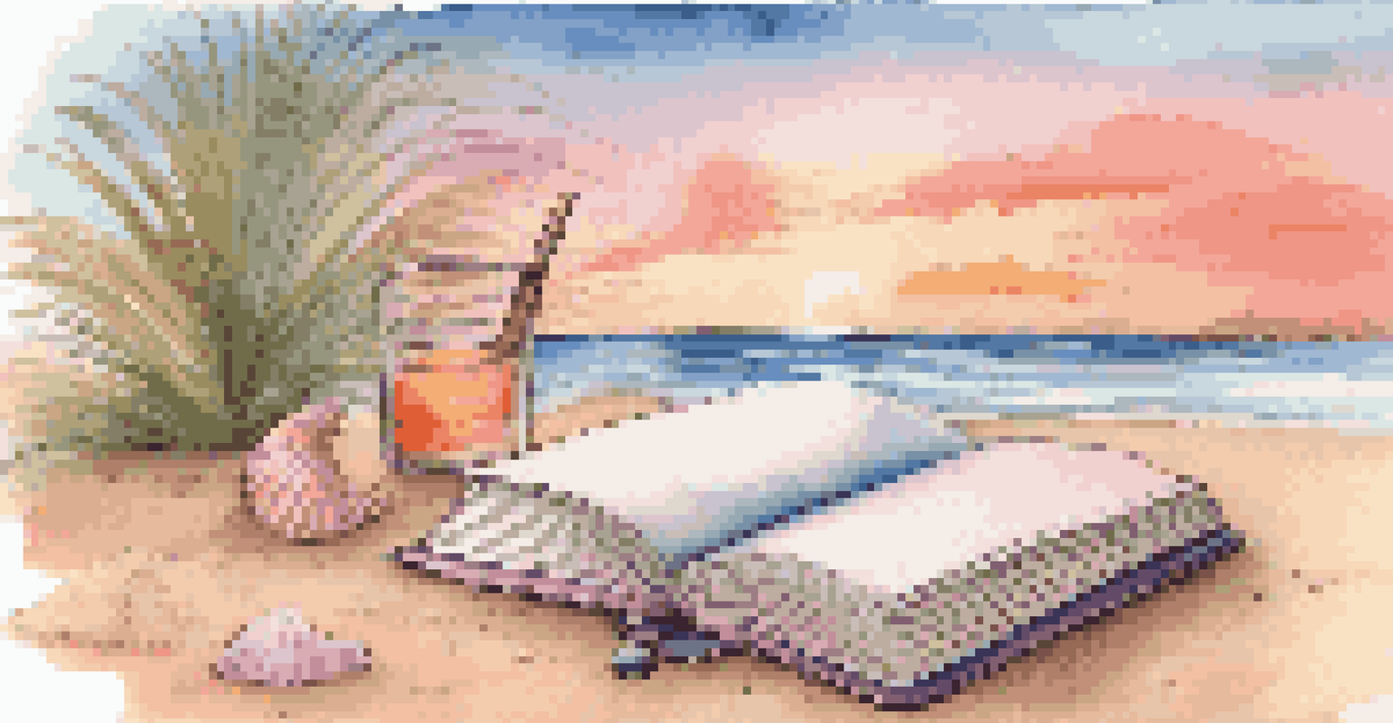 A travel journal on a beach with sketches of the ocean, seashells, and sunglasses, against a stunning sunset background.