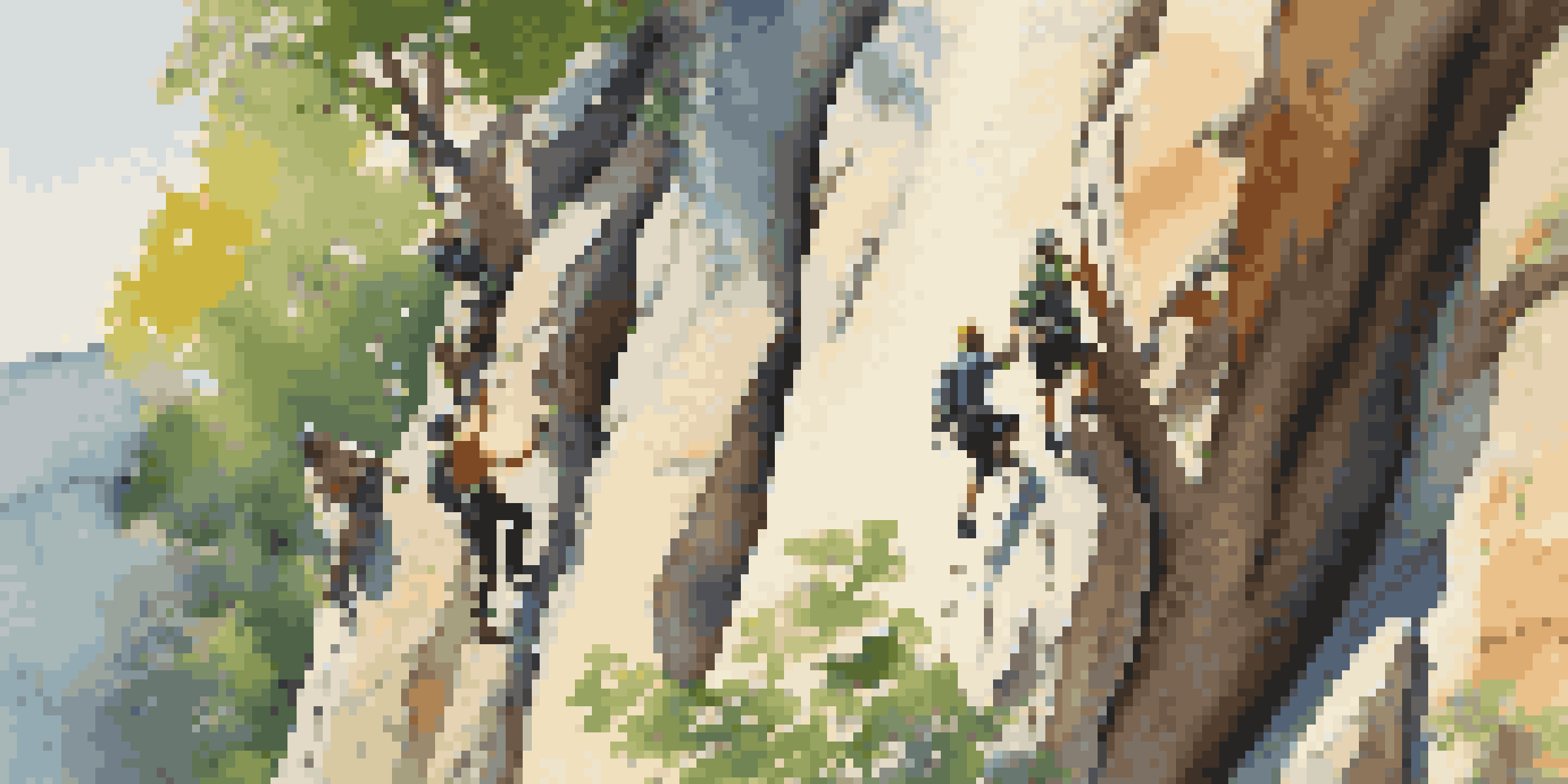 A group of climbers on a rocky cliff in a natural setting, with trees and a blue sky in the background. One climber is reaching for a hold.