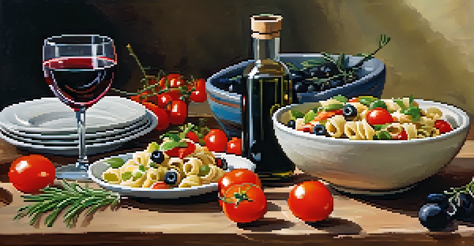 A rustic table with a Mediterranean pasta salad, olives, and cherry tomatoes, alongside rosemary-infused olive oil and a glass of red wine, all in warm light.