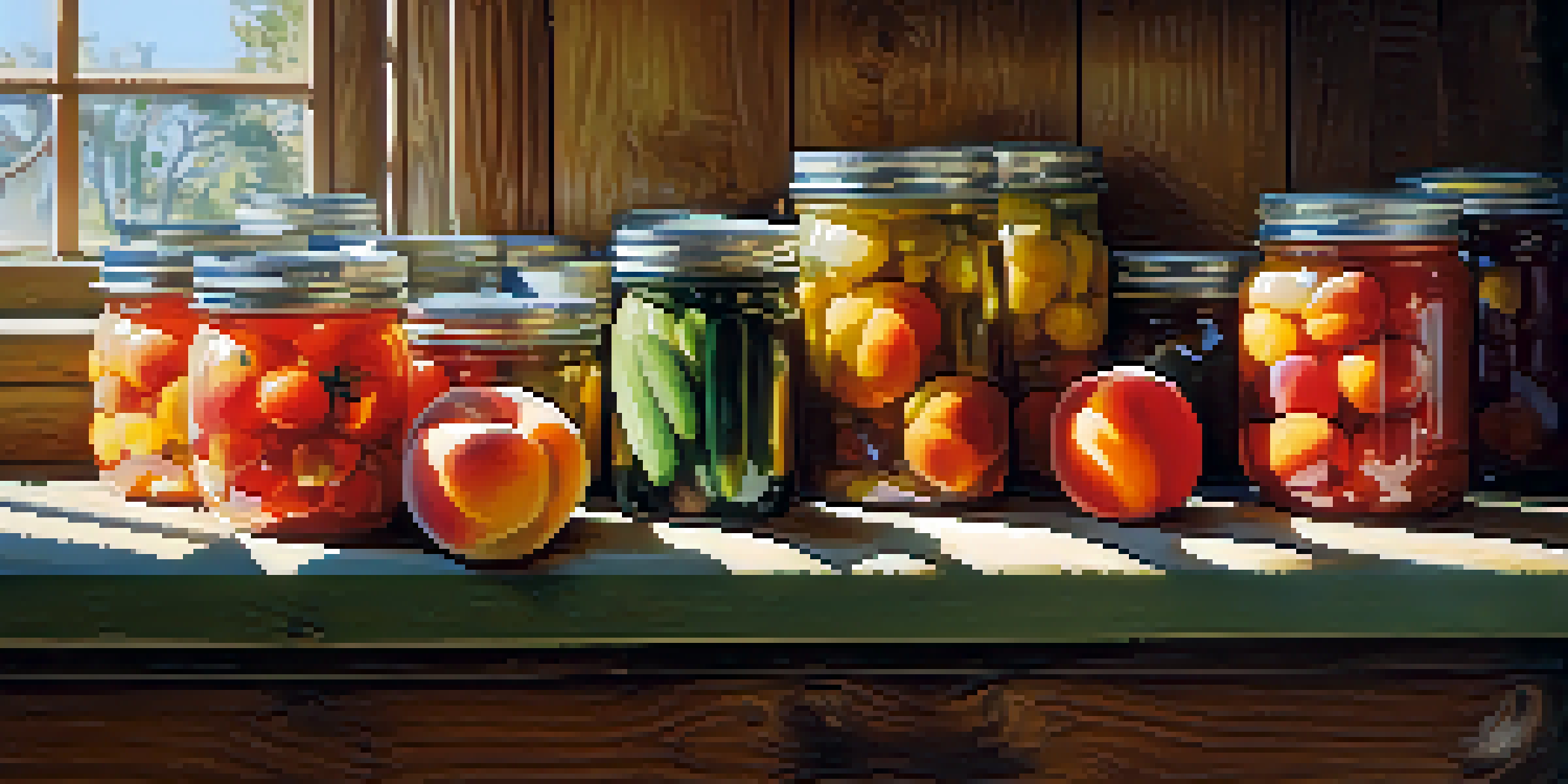 A rustic kitchen countertop filled with jars of colorful canned fruits and vegetables, with sunlight illuminating the scene.