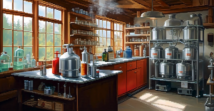 A clean and organized home distilling workspace showing safety gear like goggles, gloves, and a fire extinguisher.