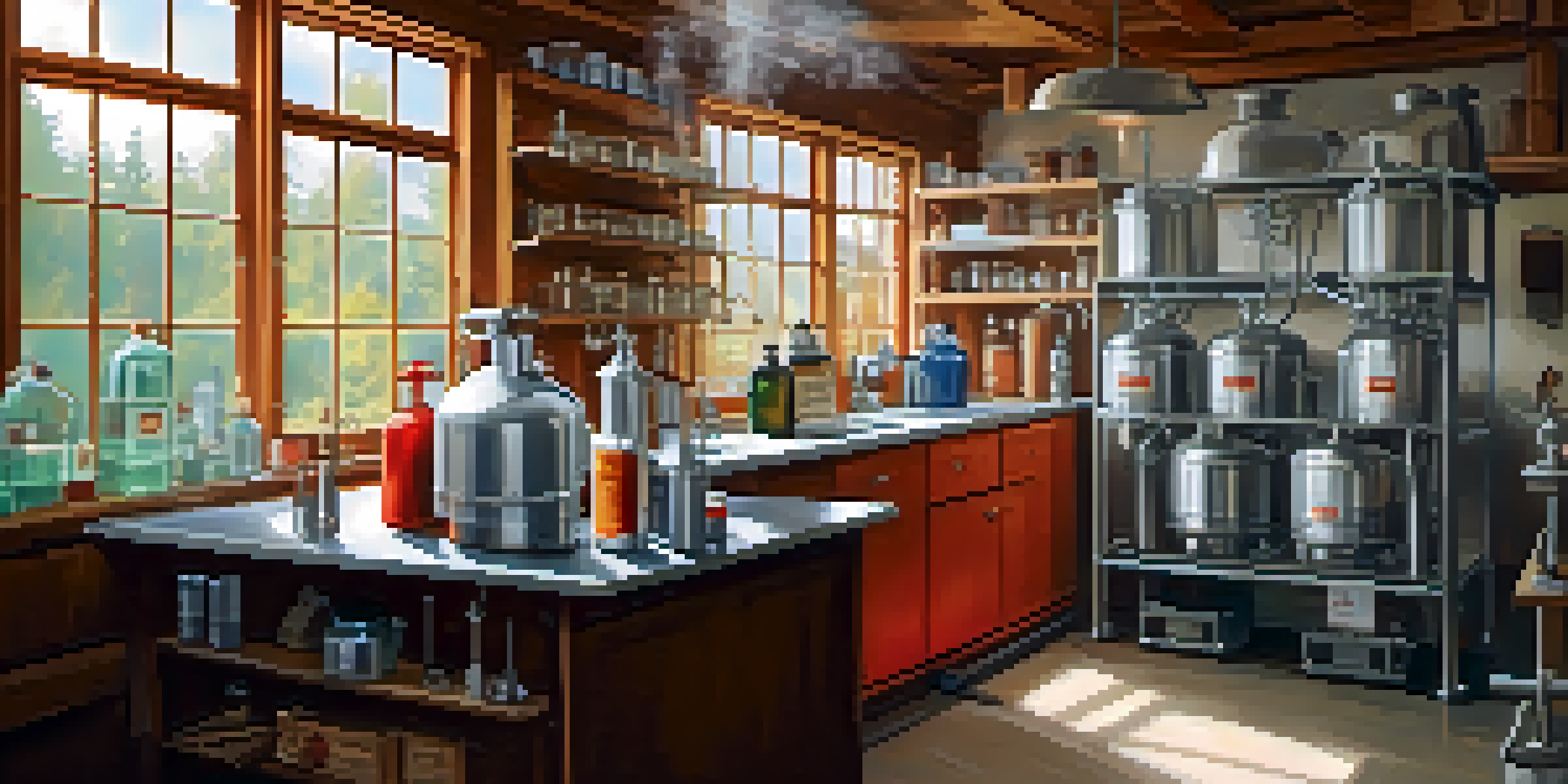 A clean and organized home distilling workspace showing safety gear like goggles, gloves, and a fire extinguisher.