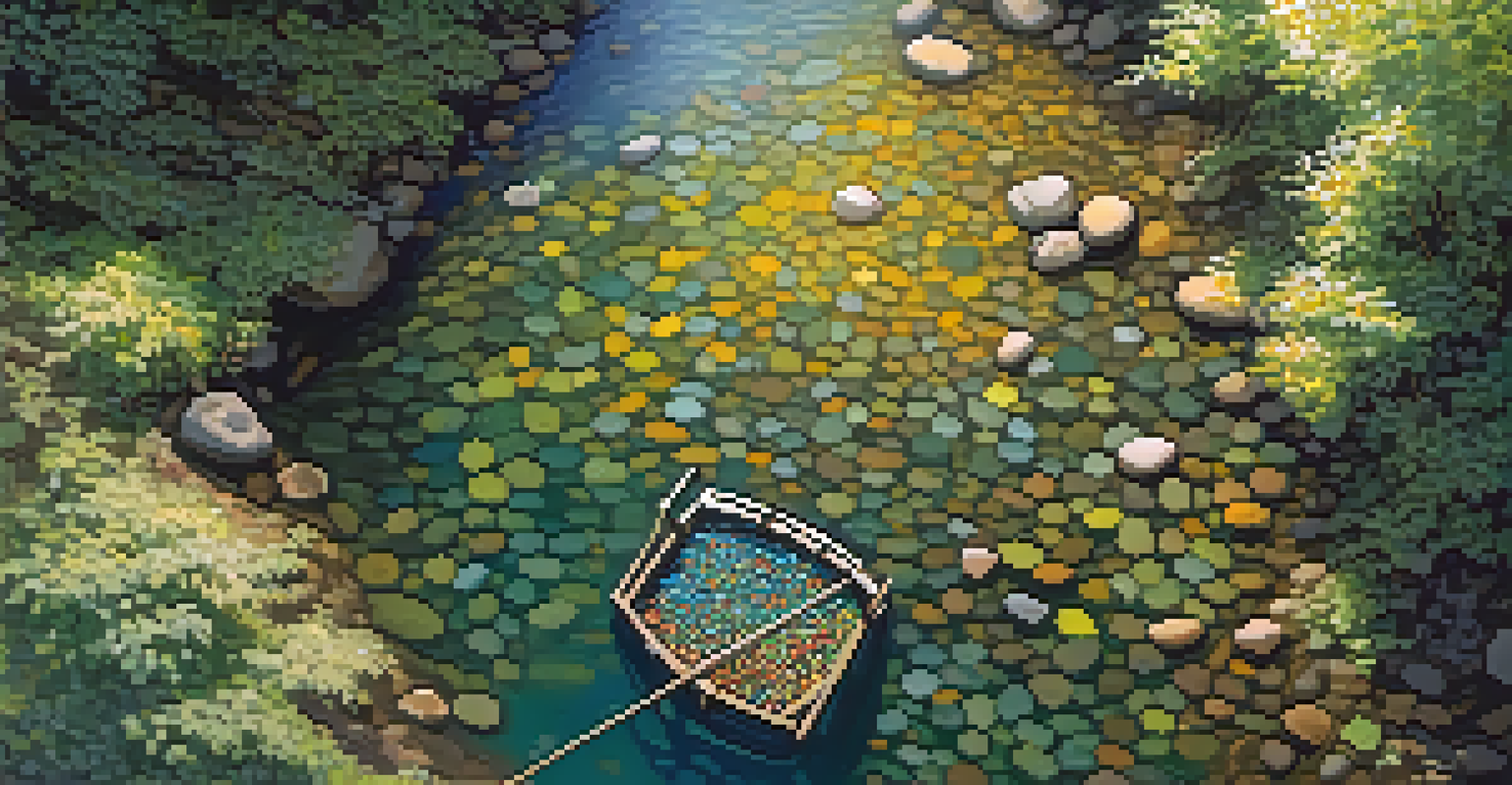 A top-down view of a simple fishing trap in a shallow stream, showcasing clear water, pebbles, and small fish.