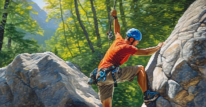 A climber doing dynamic stretches like arm circles and leg swings on a rock wall, surrounded by trees and sunlight.