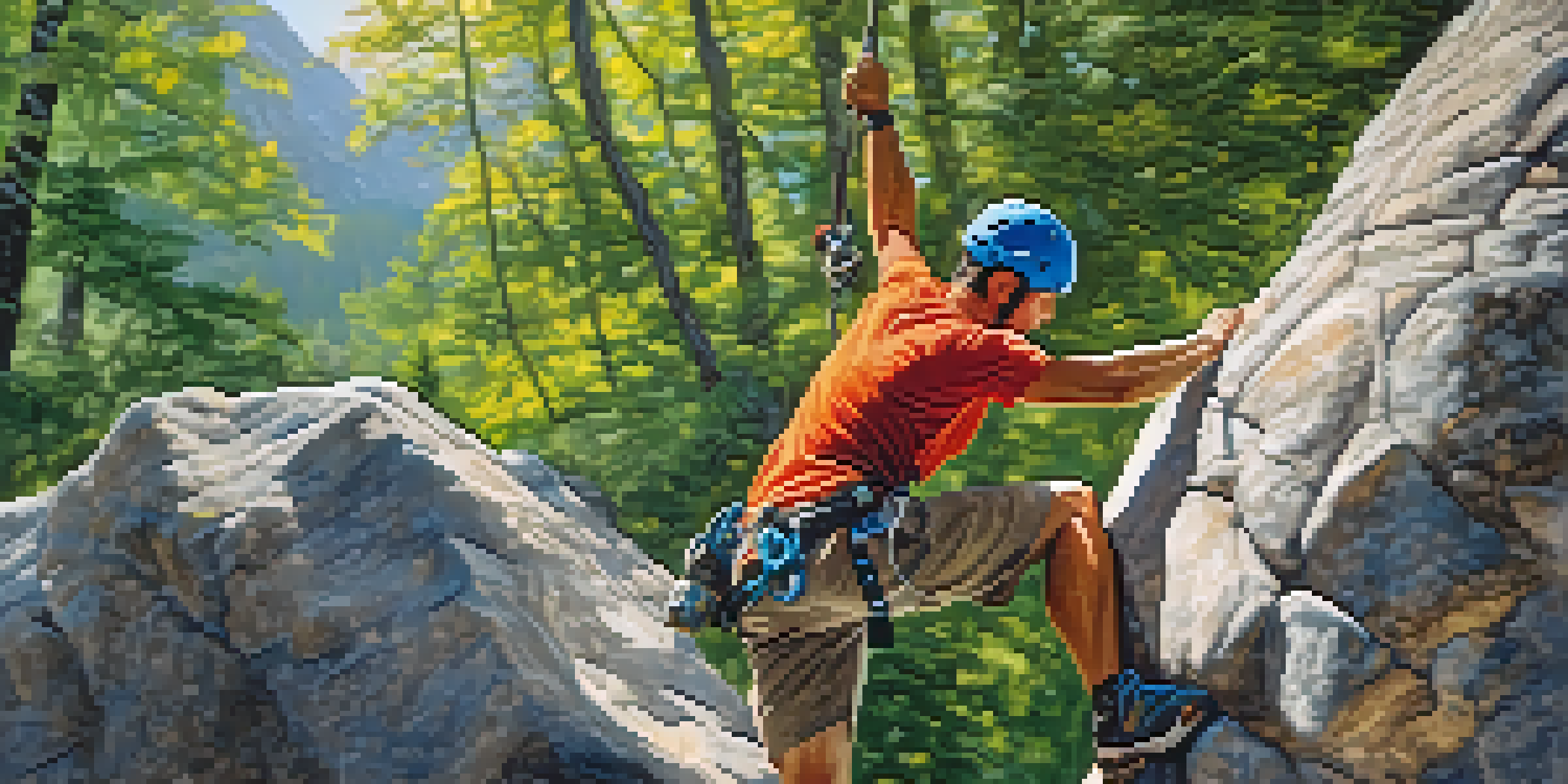 A climber doing dynamic stretches like arm circles and leg swings on a rock wall, surrounded by trees and sunlight.
