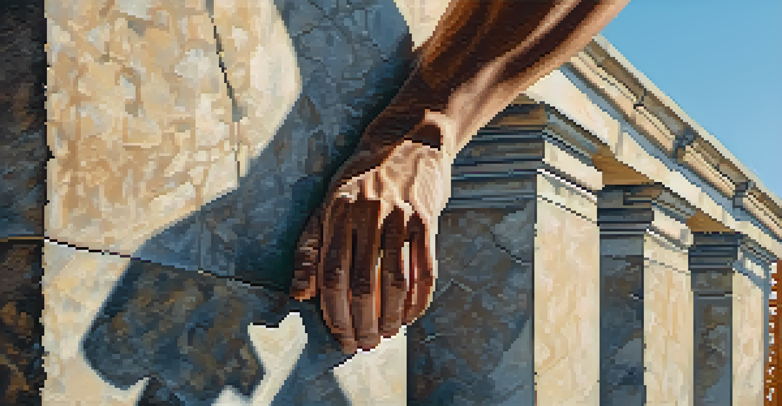 Close-up of a parkour athlete's hands gripping a ledge on a historical building, with detailed stone textures and warm lighting.
