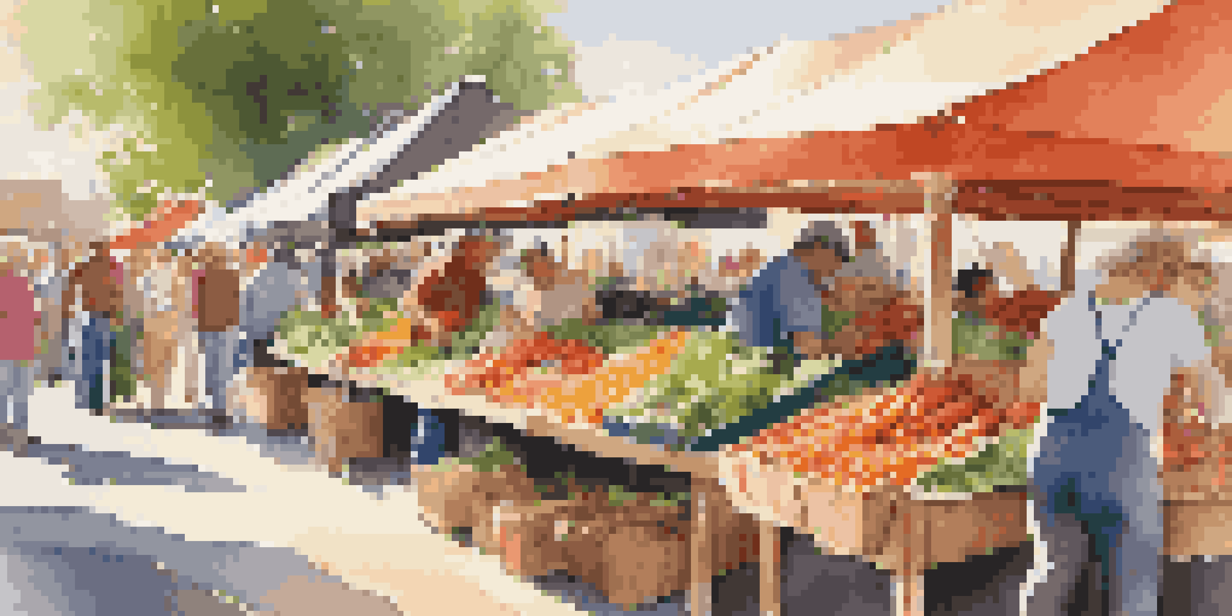A lively farmer's market filled with colorful fruits and vegetables, with sunlight filtering through tents and shoppers engaging with farmers.