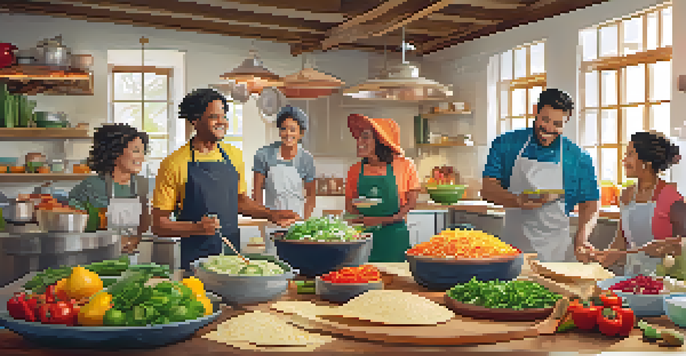 A lively cooking class with diverse participants making tacos, surrounded by fresh ingredients and warm lighting.