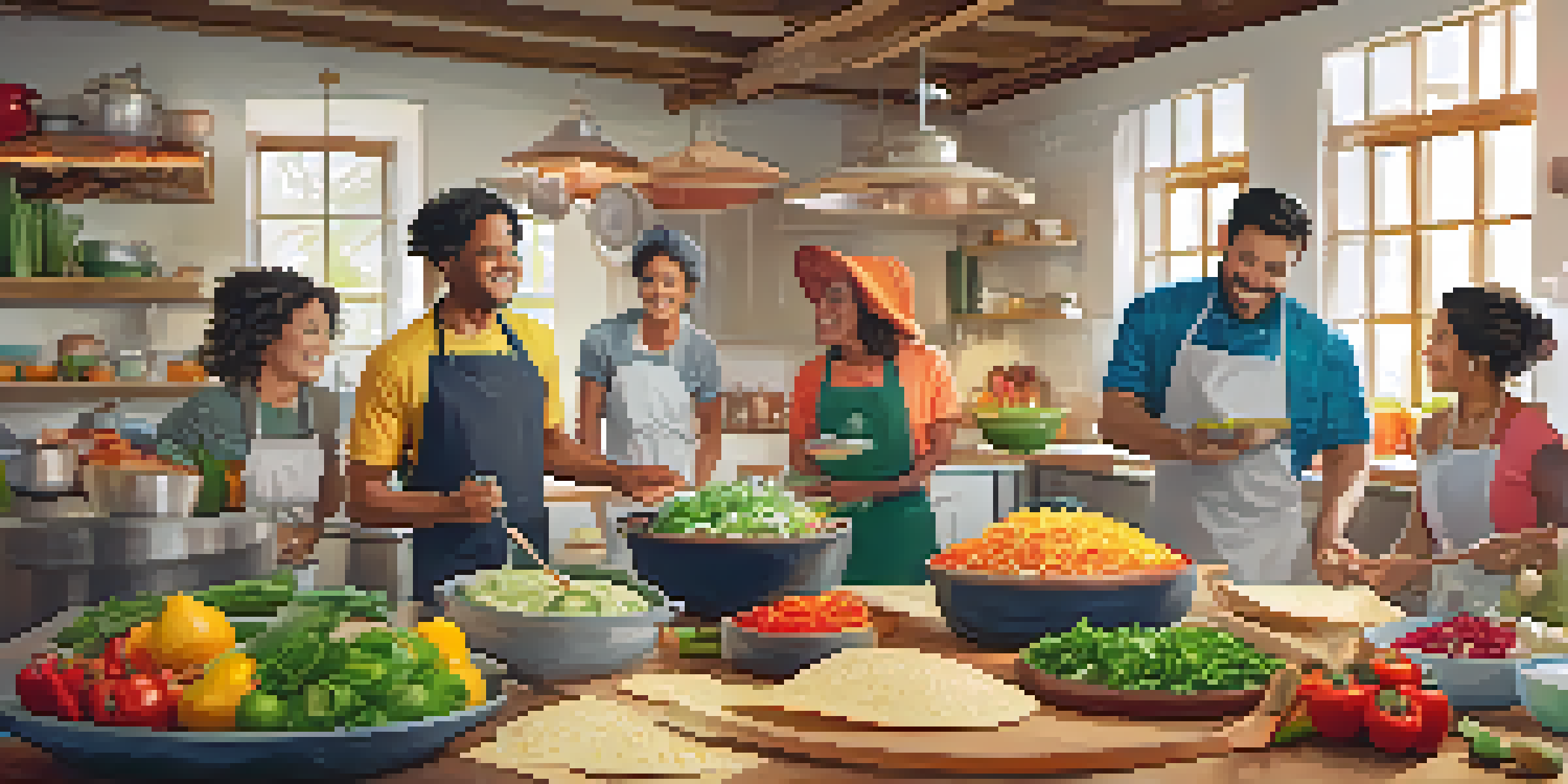 A lively cooking class with diverse participants making tacos, surrounded by fresh ingredients and warm lighting.