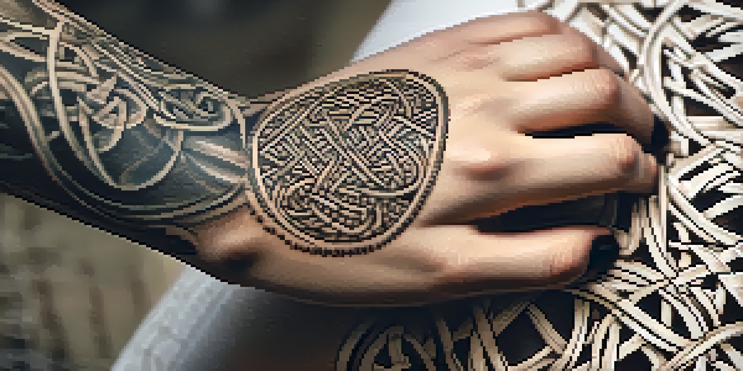 A detailed view of a Celtic tattoo with intricate knot work on a forearm, illuminated by soft natural light.