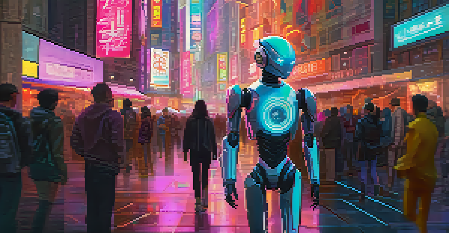 A futuristic robot character design in a busy city with metallic textures and neon lights.