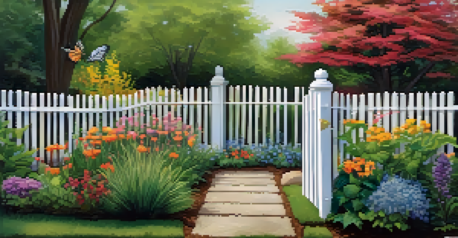 A sustainable garden with native plants, a rain garden, and a compost bin, surrounded by a picket fence and a butterfly on a flower.