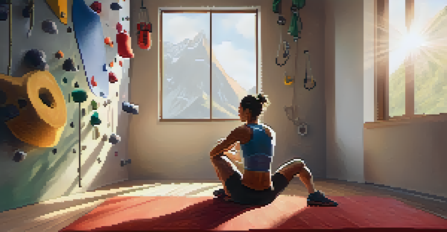 A climber practicing mindfulness in a climbing gym, sitting calmly with gear nearby.