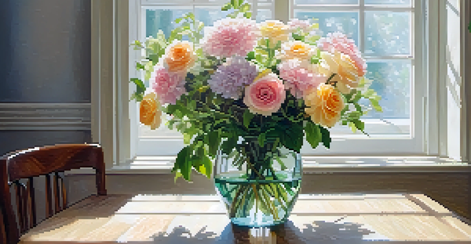 A clear glass vase filled with soft pastel flowers on a wooden dining table, illuminated by sunlight from a nearby window.