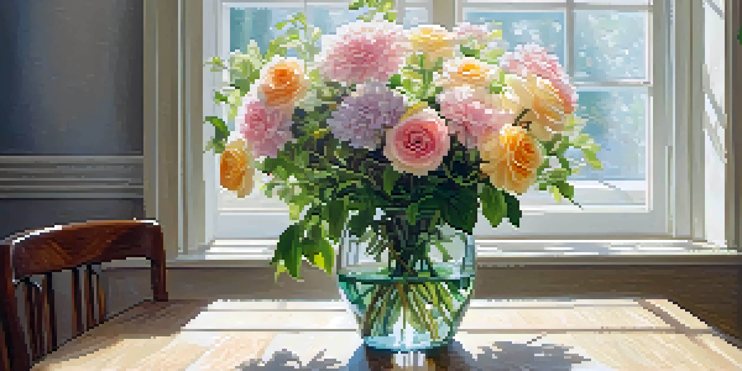 A clear glass vase filled with soft pastel flowers on a wooden dining table, illuminated by sunlight from a nearby window.