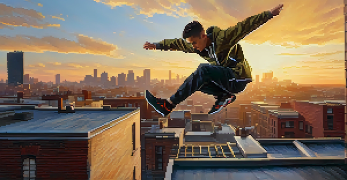 A parkour athlete jumping off a rooftop against a sunset sky, showcasing athleticism and urban scenery.