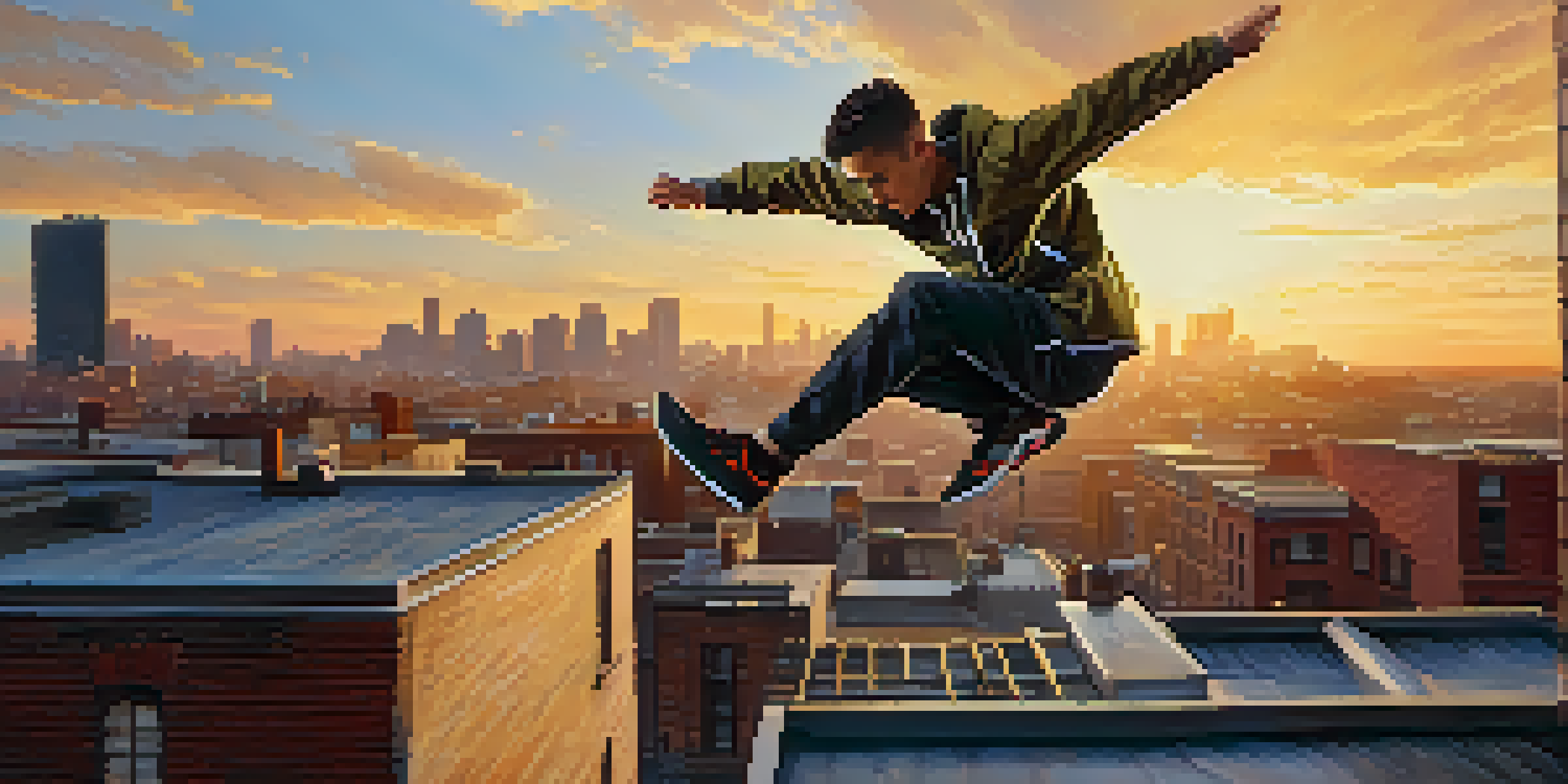 A parkour athlete jumping off a rooftop against a sunset sky, showcasing athleticism and urban scenery.