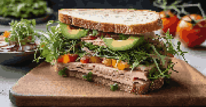 A gourmet sandwich with sourdough bread, heirloom tomatoes, arugula, avocado, and smoked turkey, garnished with microgreens on a wooden cutting board.
