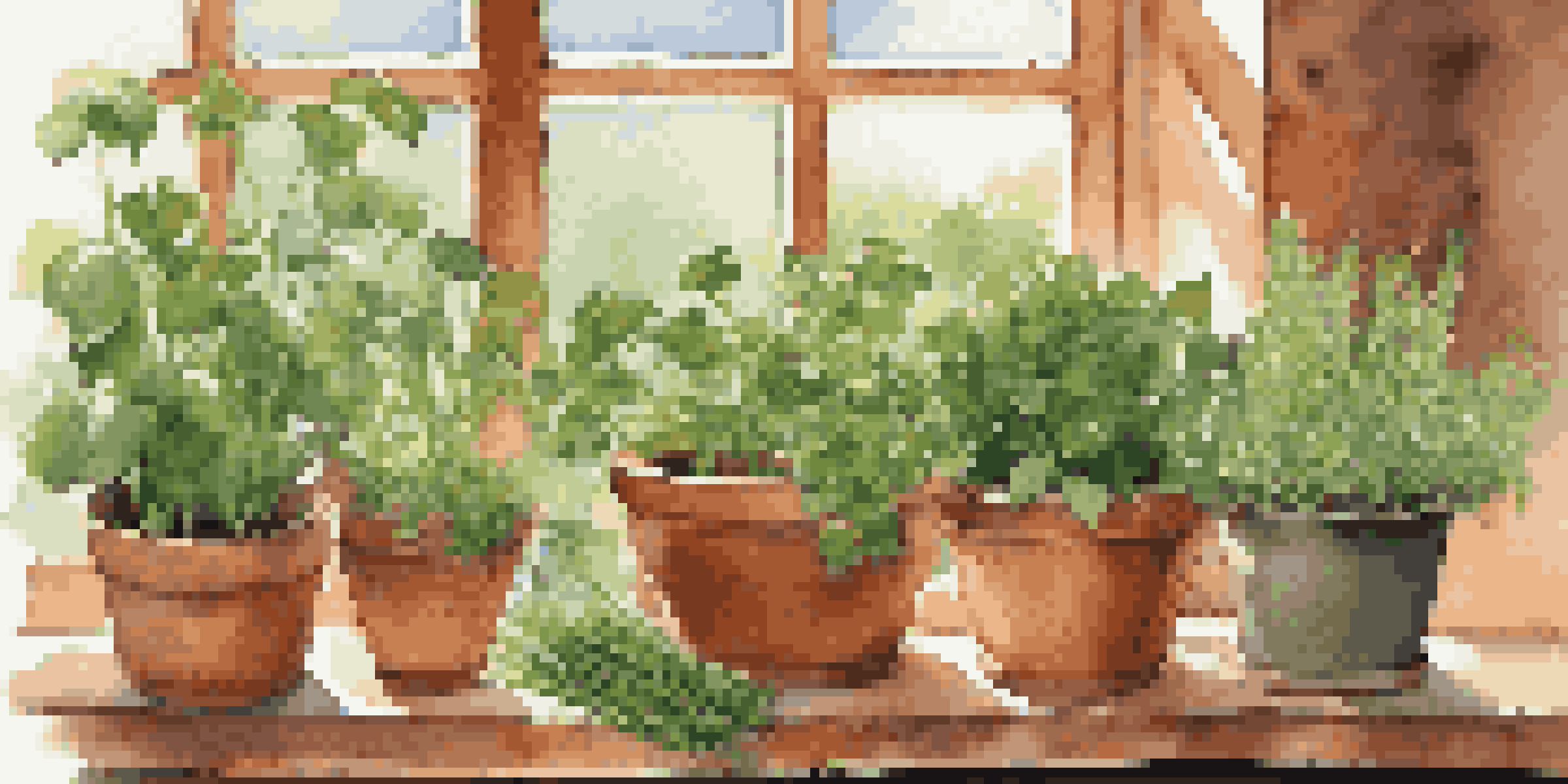 A vibrant indoor herb garden with pots of basil, mint, and chives on a sunny windowsill, illuminated by warm sunlight.